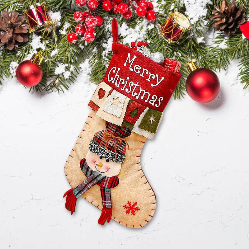 1pcs Retro Christmas Stockings Decoration Large Boots Tree Santa Snowman Reindeer Candy Bag Gift Bag Xmas HomeHanging Decoration