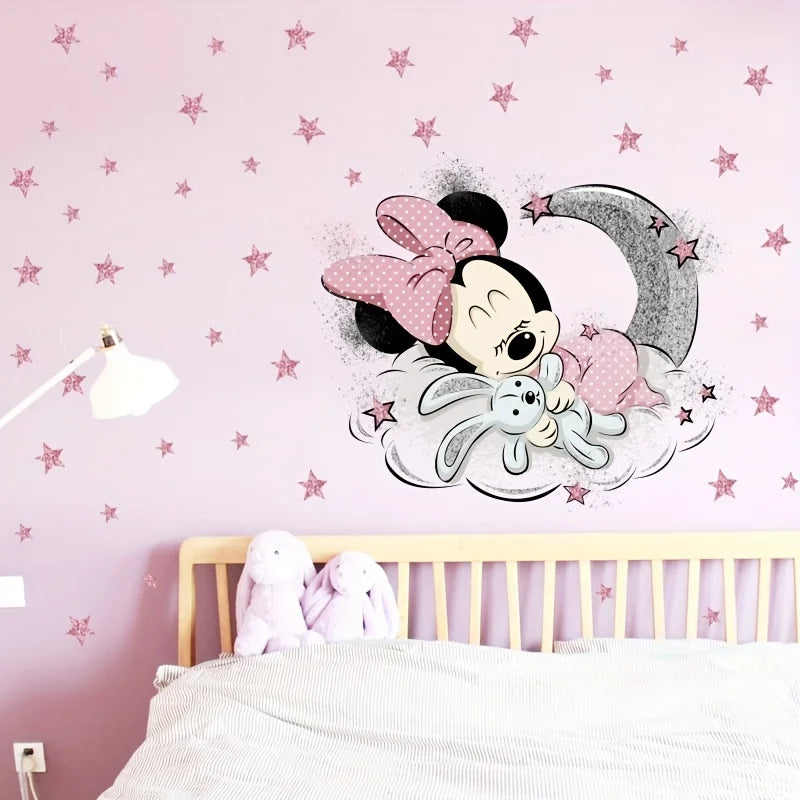 1 Piece Disney Mickey and Minnie Bedroom Wall Sticker - Self-Adhesive Cartoon Art Decoration Painting, Suitable for Living Room and Bedroom Background Decoration