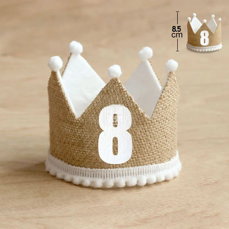 Burlap Crown Baby Birthday Party Hat 1/2 1 2 3 4 5 6 7 8 9 Year Baby Boy Girl Linen Headband 100 Year Adult Anniversary Cap