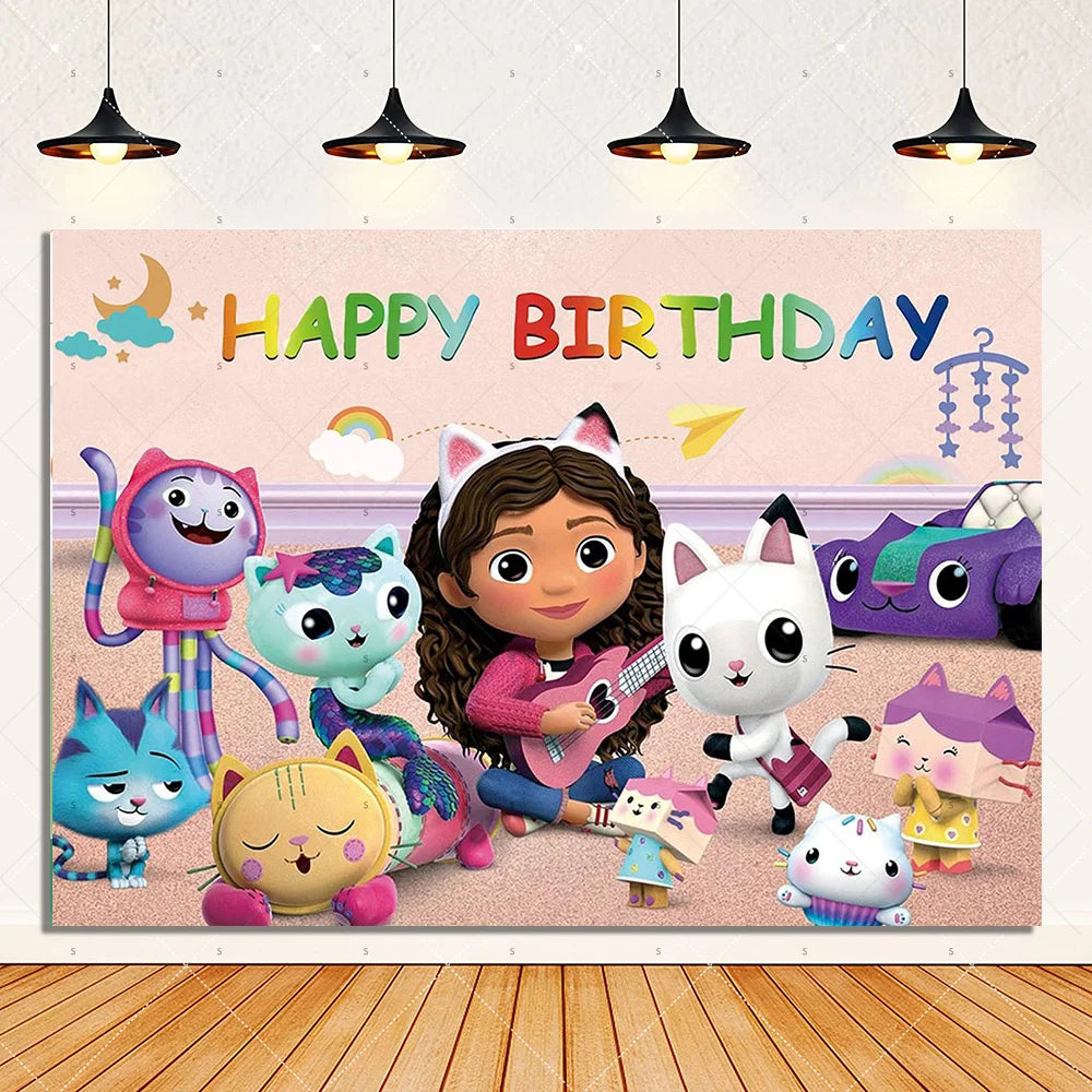 Cartoon G-Gabby Doll House Birthday Party Decorations Disposable Tableware Tablecloth Balloon Background Banner Party Supplies