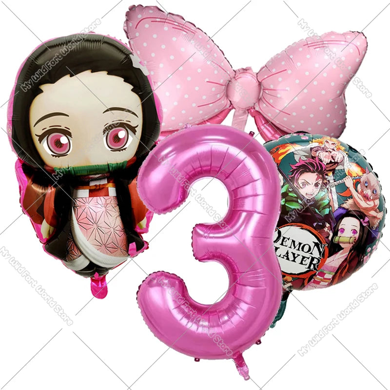 Demon Slayer Birthday Balloons Decoration Set Number Bow Kamado Tanjirou Nezuko Balloon Boy Girl Party Supplies Kids Party Favor
