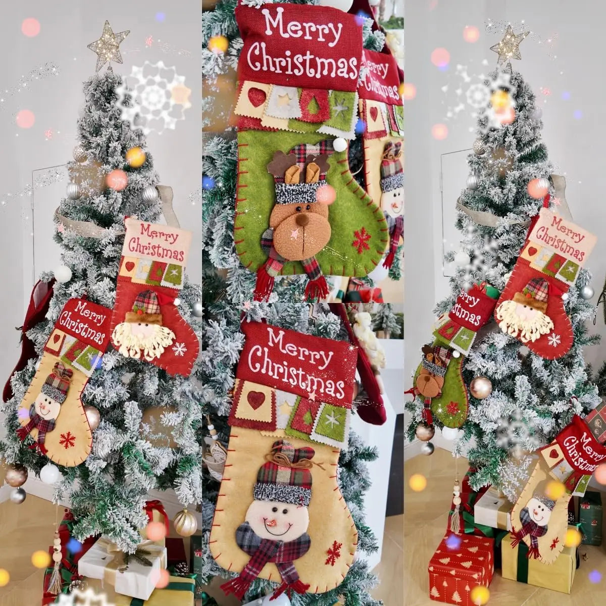 1pcs Retro Christmas Stockings Decoration Large Boots Tree Santa Snowman Reindeer Candy Bag Gift Bag Xmas HomeHanging Decoration