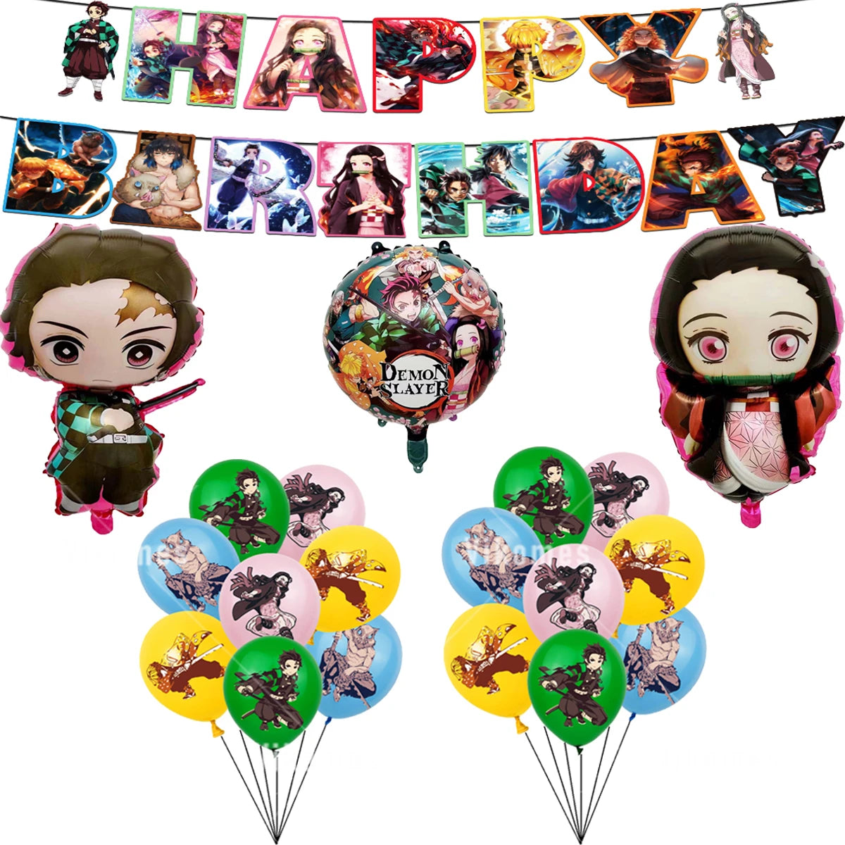 Demoned Slayers Balloons Happy Birthday Banner Kimetsu No Yaiba Party Decoration Cup Disposable Tableware Anime Cake Topper Toy