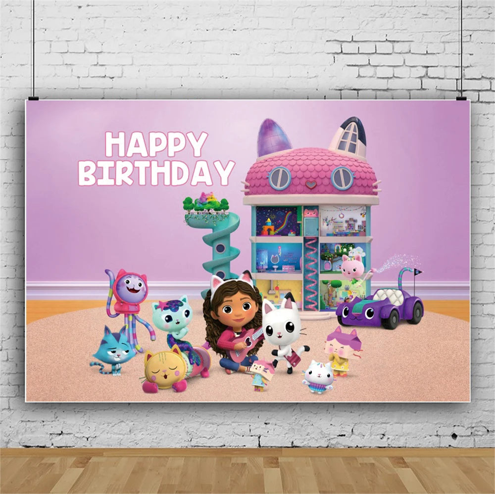 Hot Gabby Doll House Cartoon Girls Birthday Party Decorations Plate Tablecloth Paper Cup Napkin Doll House Tableware Set Gift