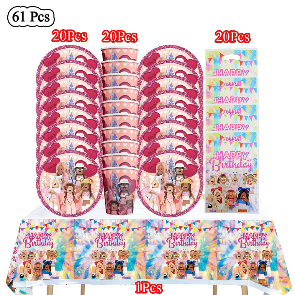 Cartoon Pink Roblox Birthday Party Decorations Napkins balloons Plate Girls Baby Shower Disposable Robot Tableware Supplies set