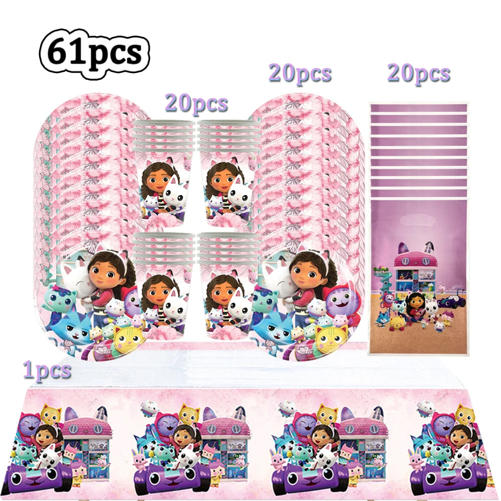 Hot Gabby Doll House Cartoon Girls Birthday Party Decorations Plate Tablecloth Paper Cup Napkin Doll House Tableware Set Gift