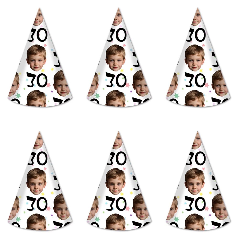 6pcs Custom Your Age and Photo Face Hats Personalized Birthday Hats Paper Hat Headware for Birthday Party Supplies