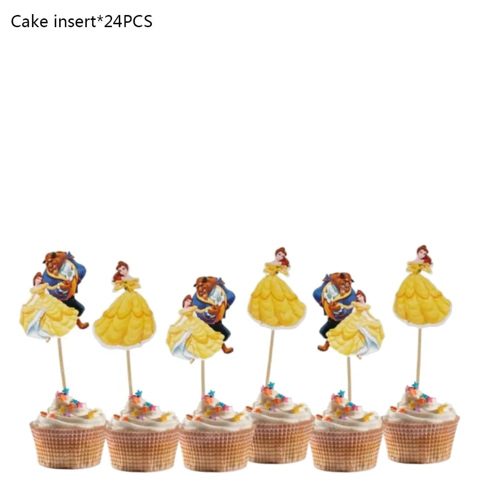 24pcs Beauty and the Beast Cake Toppers Wrappers Birthday Party Decoration For Kids Baby Shower Princess Supplies Gifts Cupcake