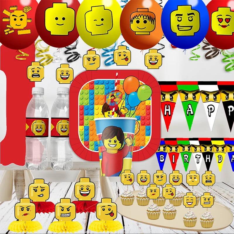 Building Blocks  Theme Birthday DIY Party Disposable tableware balloons water bottle labels banner boys girls decoration