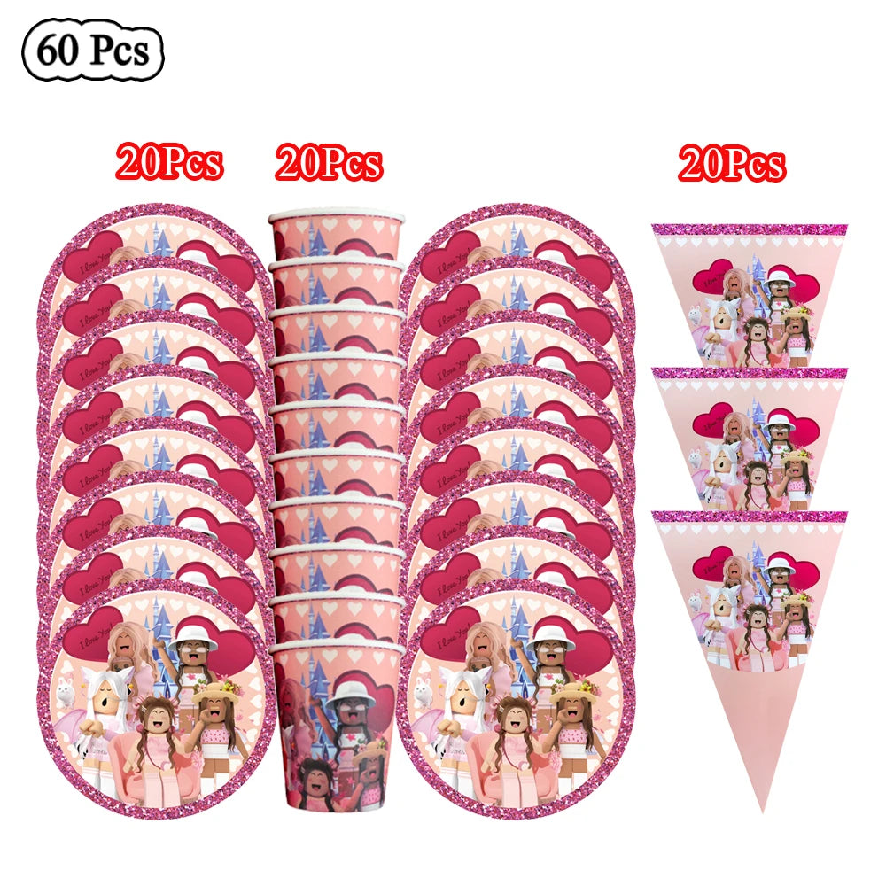 Cartoon Pink Roblox Birthday Party Decorations Napkins balloons Plate Girls Baby Shower Disposable Robot Tableware Supplies set