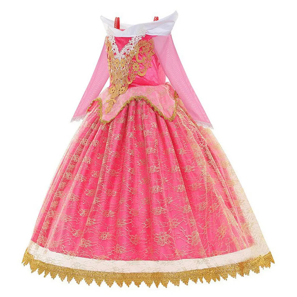 2025 Sleeping Beauty Aurora Princess Dress Cosplay Off Shoulder Kids Gifts Fancy Halloween Party Girl Baby Fine Lace Dress Set