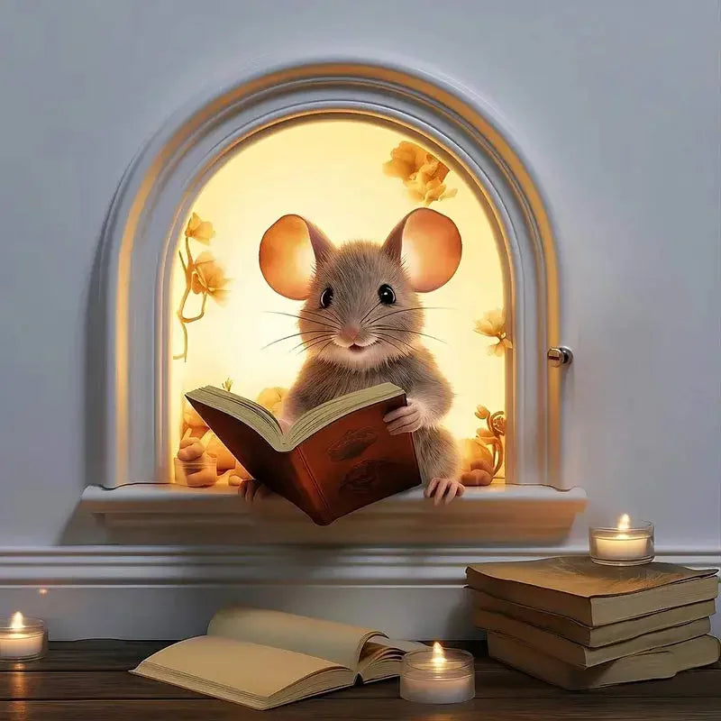 1pc Mouse Book Lover's Cute Mouse Hole Wall Stickers Waterproof Vinyl Decals Home Bedroom Living Room Animal Decoration