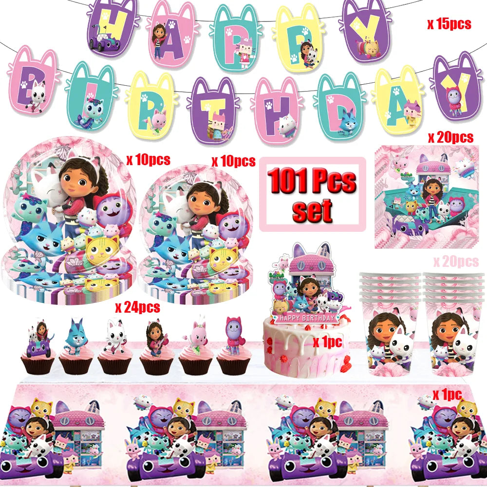 Cartoon Gabbys Birthday Party Decor Dollhouse Disposable Tableware Set Paper Cups Plates Tablecloth Baby Shower Kids Supplies