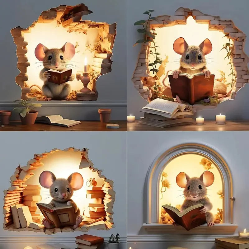 1pc Mouse Book Lover's Cute Mouse Hole Wall Stickers Waterproof Vinyl Decals Home Bedroom Living Room Animal Decoration