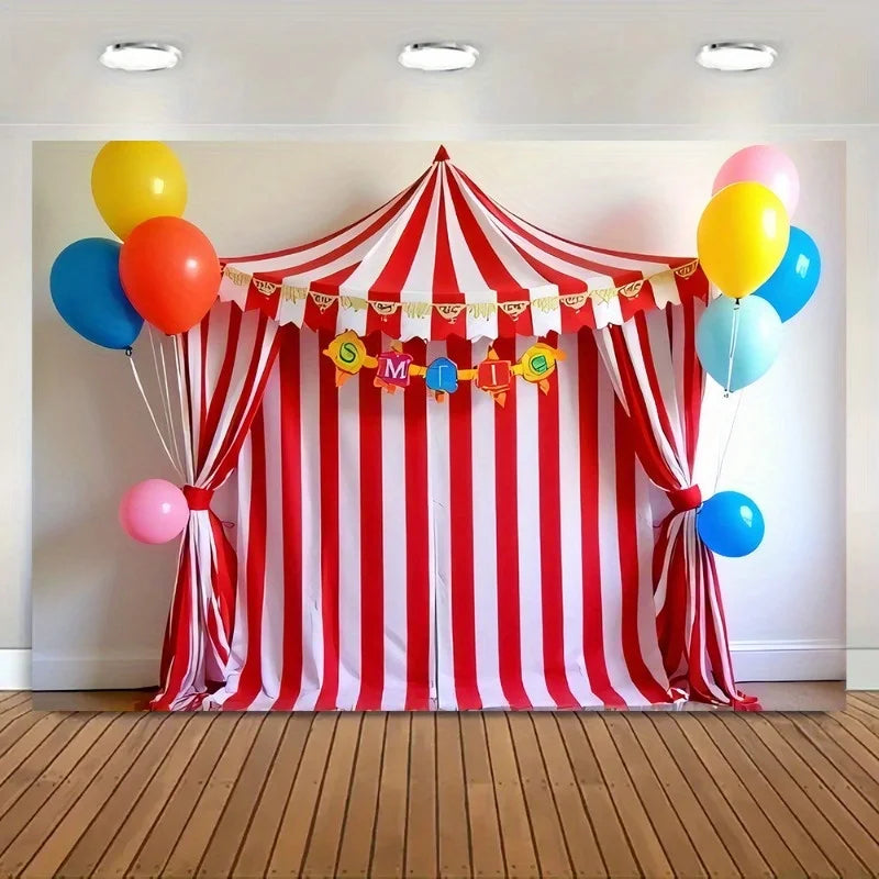 1 Carnival themed polyester background banner with colorful balloons and circus tent design - easy to hang