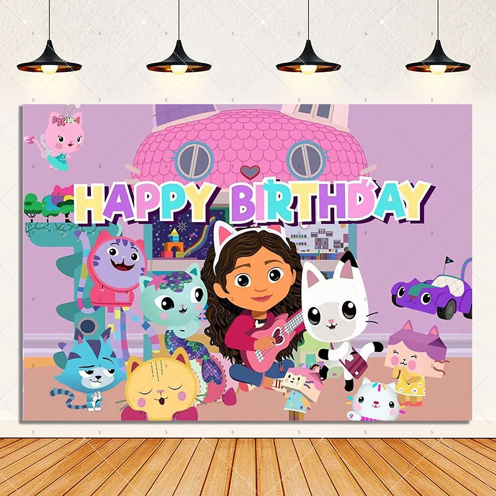 Cartoon G-Gabby Doll House Birthday Party Decorations Disposable Tableware Tablecloth Balloon Background Banner Party Supplies