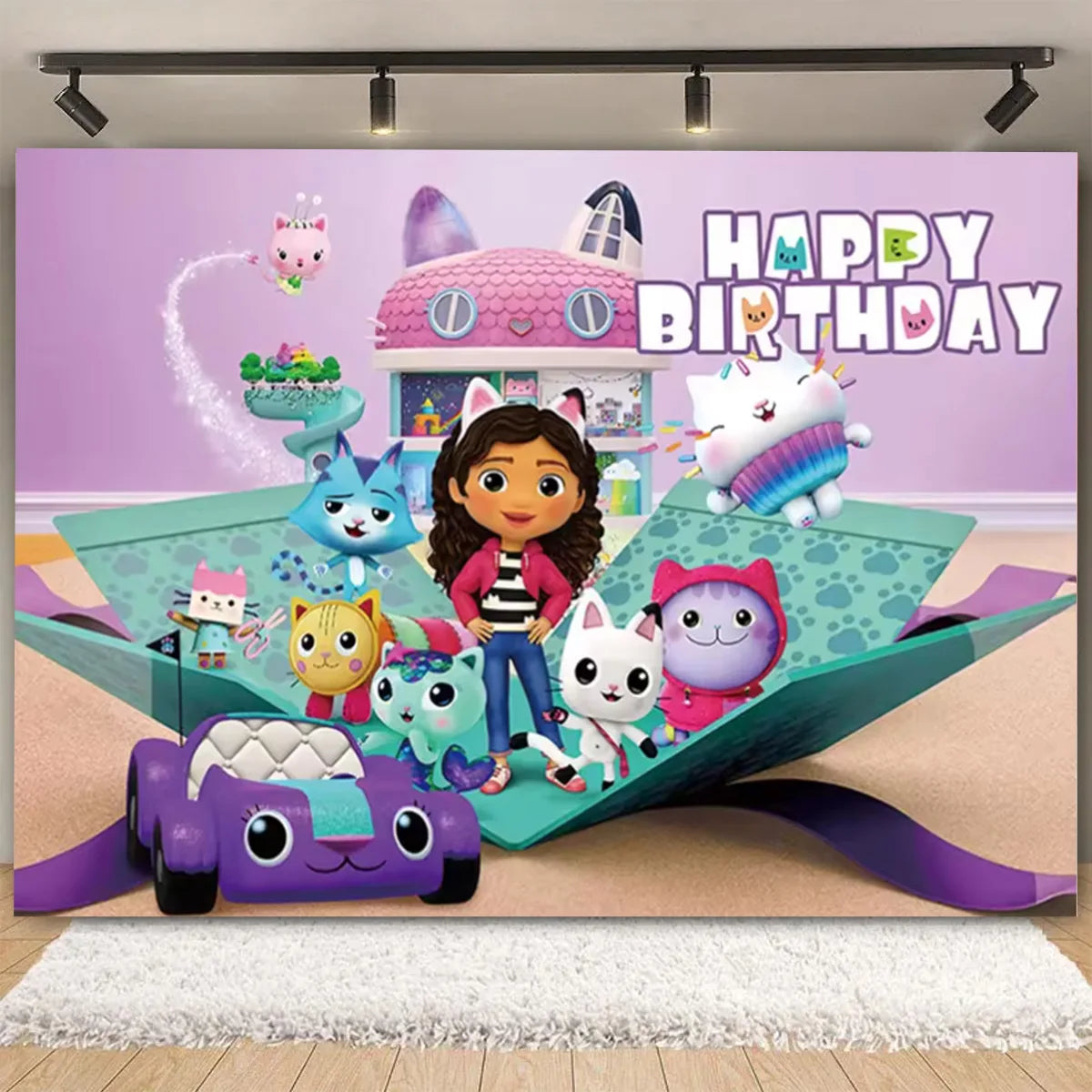 Cartoon-Gabby Dollhouse Children's Birthday Party Supplies Decoration Background Girl Baby Shower Pink Cat Toy Photo Banner Prop