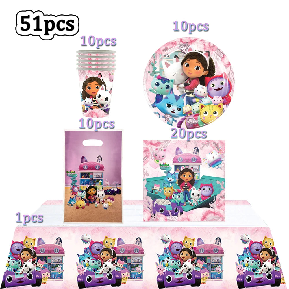 Hot Gabby Doll House Cartoon Girls Birthday Party Decorations Plate Tablecloth Paper Cup Napkin Doll House Tableware Set Gift