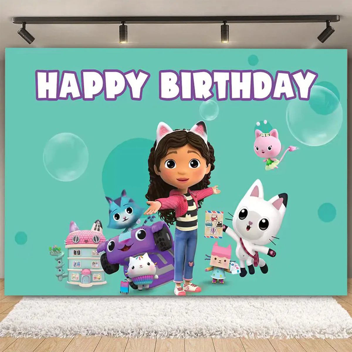 Cartoon-Gabby Dollhouse Children's Birthday Party Supplies Decoration Background Girl Baby Shower Pink Cat Toy Photo Banner Prop