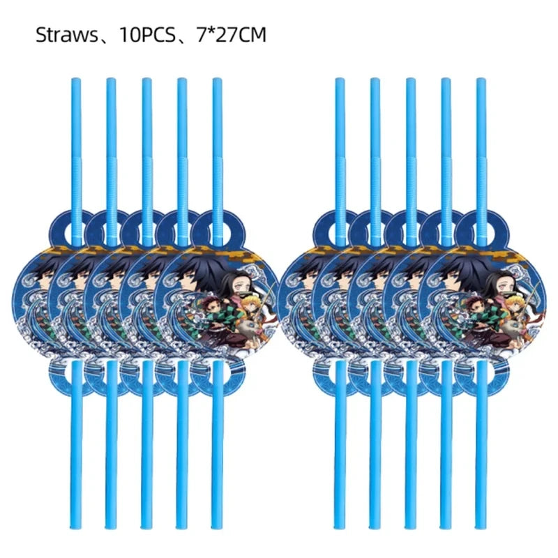 Demoned Slayers Balloons Happy Birthday Banner Kimetsu No Yaiba Party Decoration Cup Disposable Tableware Anime Cake Topper Toy