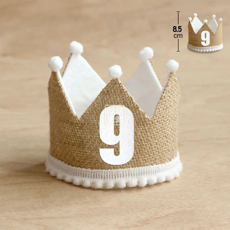 Burlap Crown Baby Birthday Party Hat 1/2 1 2 3 4 5 6 7 8 9 Year Baby Boy Girl Linen Headband 100 Year Adult Anniversary Cap