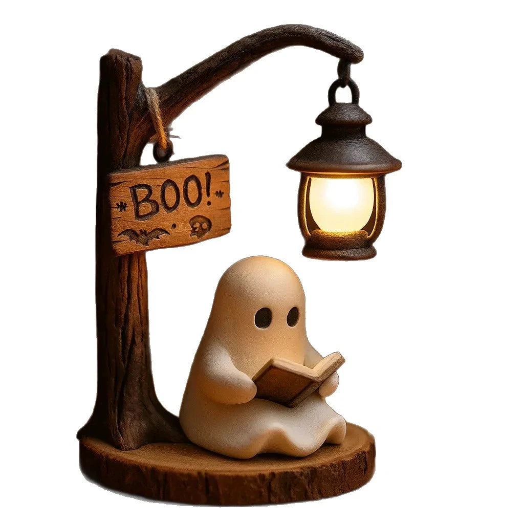 Cute Night Ghost Reading Lantern Home Ofice And Car Desktop Ornament Creative 3D Resin Halloween Reading Street Night Light Gift