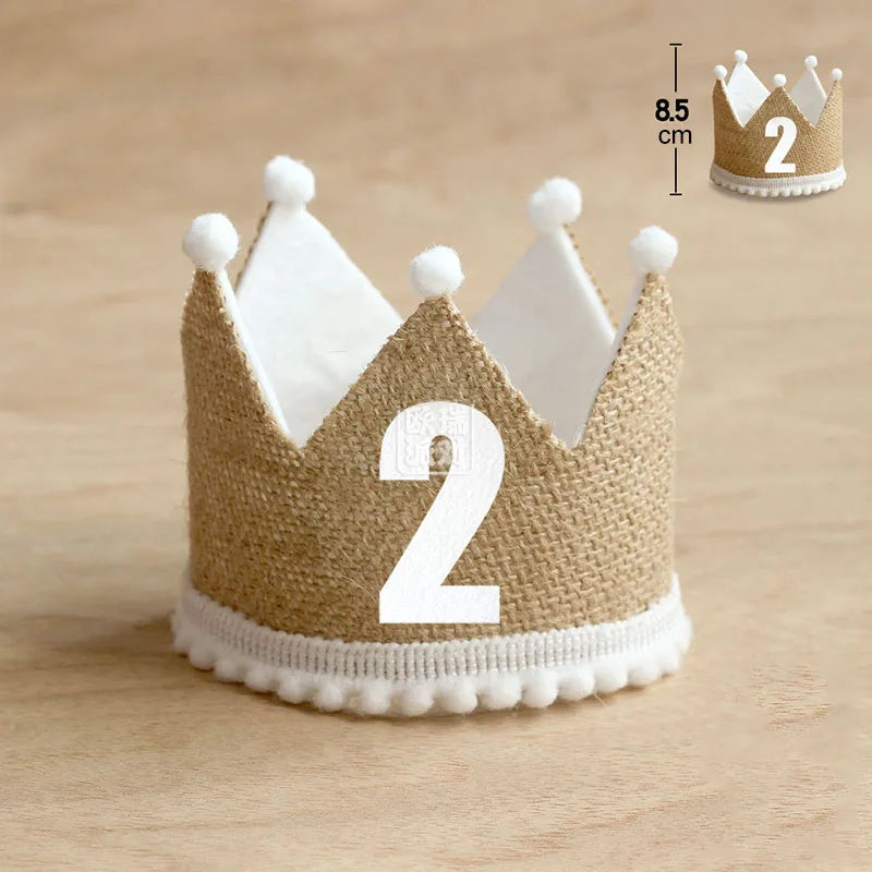 Burlap Crown Baby Birthday Party Hat 1/2 1 2 3 4 5 6 7 8 9 Year Baby Boy Girl Linen Headband 100 Year Adult Anniversary Cap