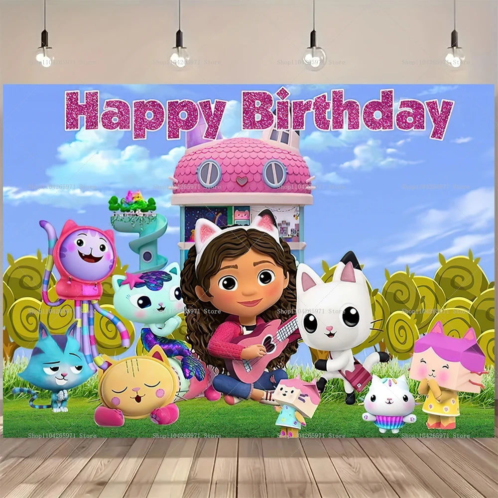 Cartoon Gabby Dollhouse Children Birthday Party Supplies Decoration Background Girl Baby Shower Pink Toy Photo Shoot Banner Prop