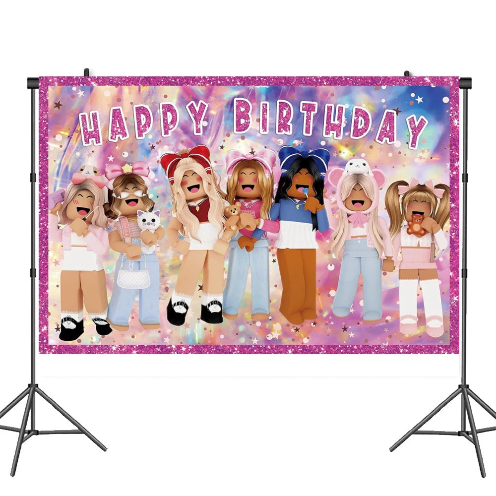 Cartoon Pink Roblox Birthday Party Decorations Napkins balloons Plate Girls Baby Shower Disposable Robot Tableware Supplies set