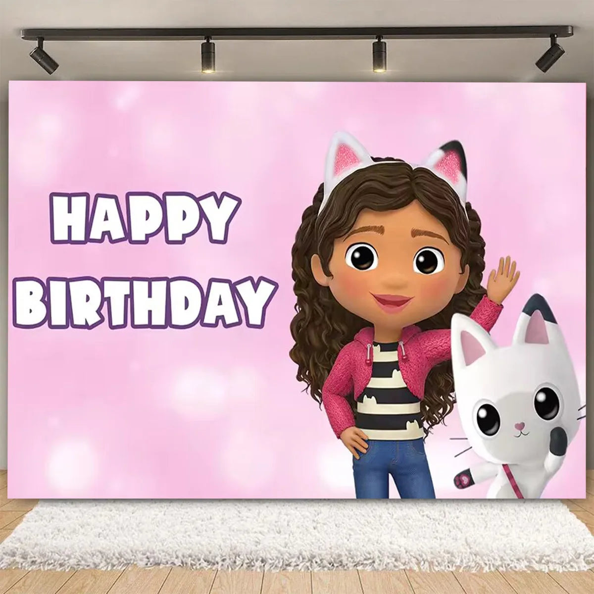 Cartoon-Gabby Dollhouse Children's Birthday Party Supplies Decoration Background Girl Baby Shower Pink Cat Toy Photo Banner Prop