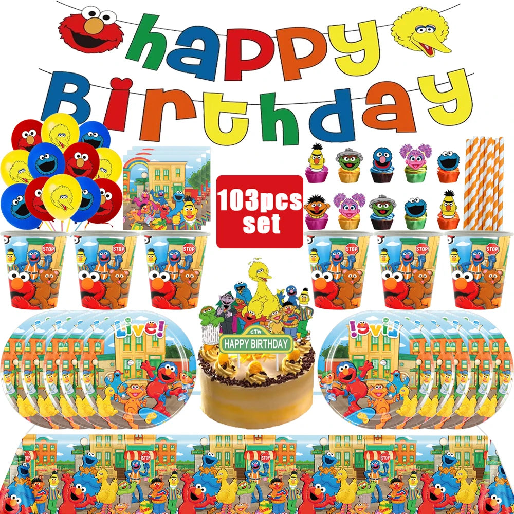 Disney Cartoon SEsame-Streets Birthday Party Set Supplies Kids Disposable Tableware Balloon Cake Topper Banner Plates Decoration
