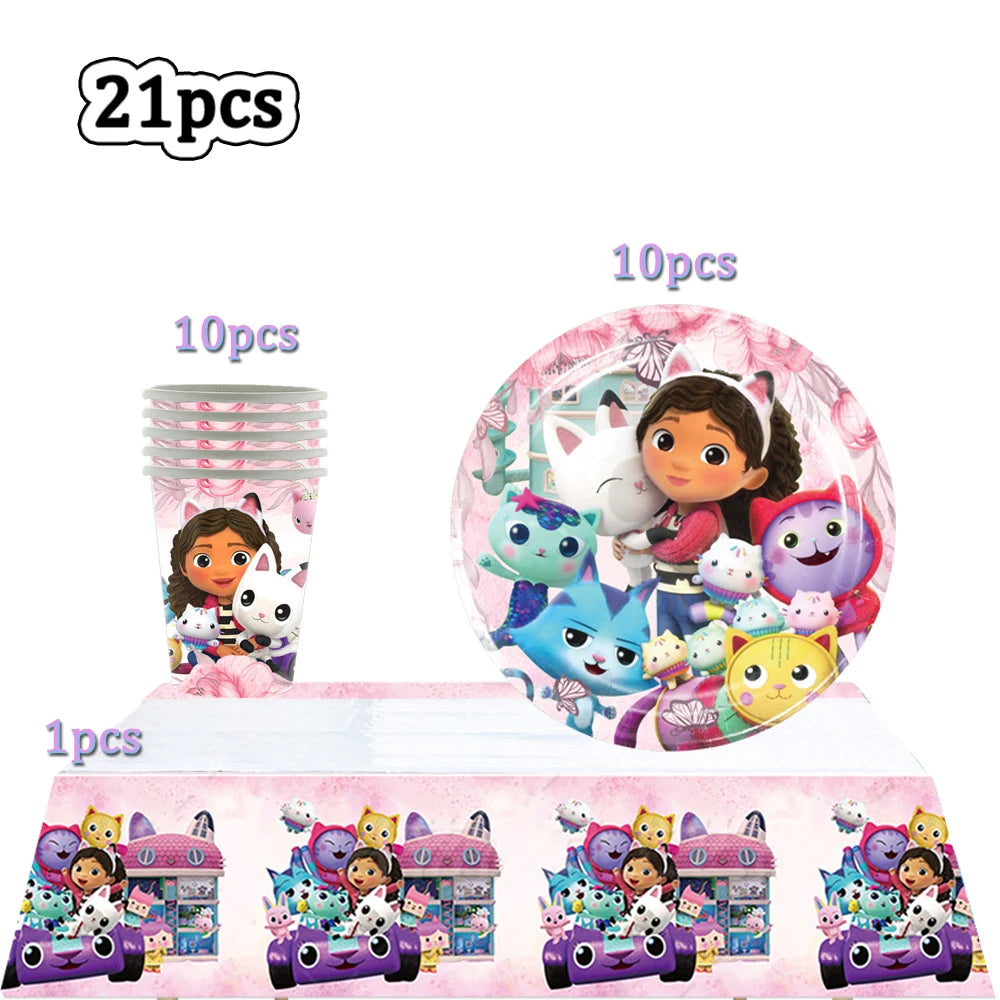 Hot Gabby Doll House Cartoon Girls Birthday Party Decorations Plate Tablecloth Paper Cup Napkin Doll House Tableware Set Gift