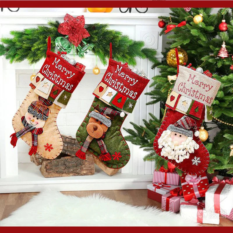 1pcs Retro Christmas Stockings Decoration Large Boots Tree Santa Snowman Reindeer Candy Bag Gift Bag Xmas HomeHanging Decoration