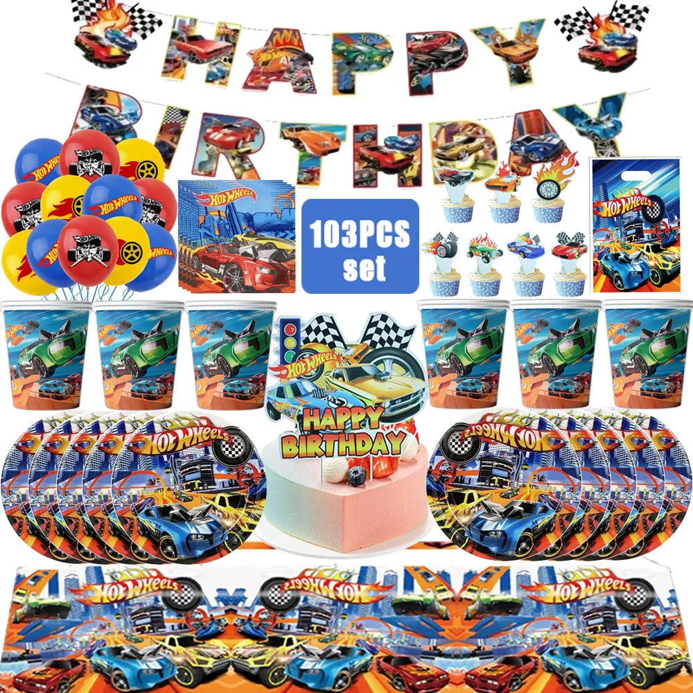 Hot Wheels Birthday Party Decor Disposable Tableware Racing Car Gift Bag Tablecloth Cake Balloon Plate Boy Kid Party Supplie Set