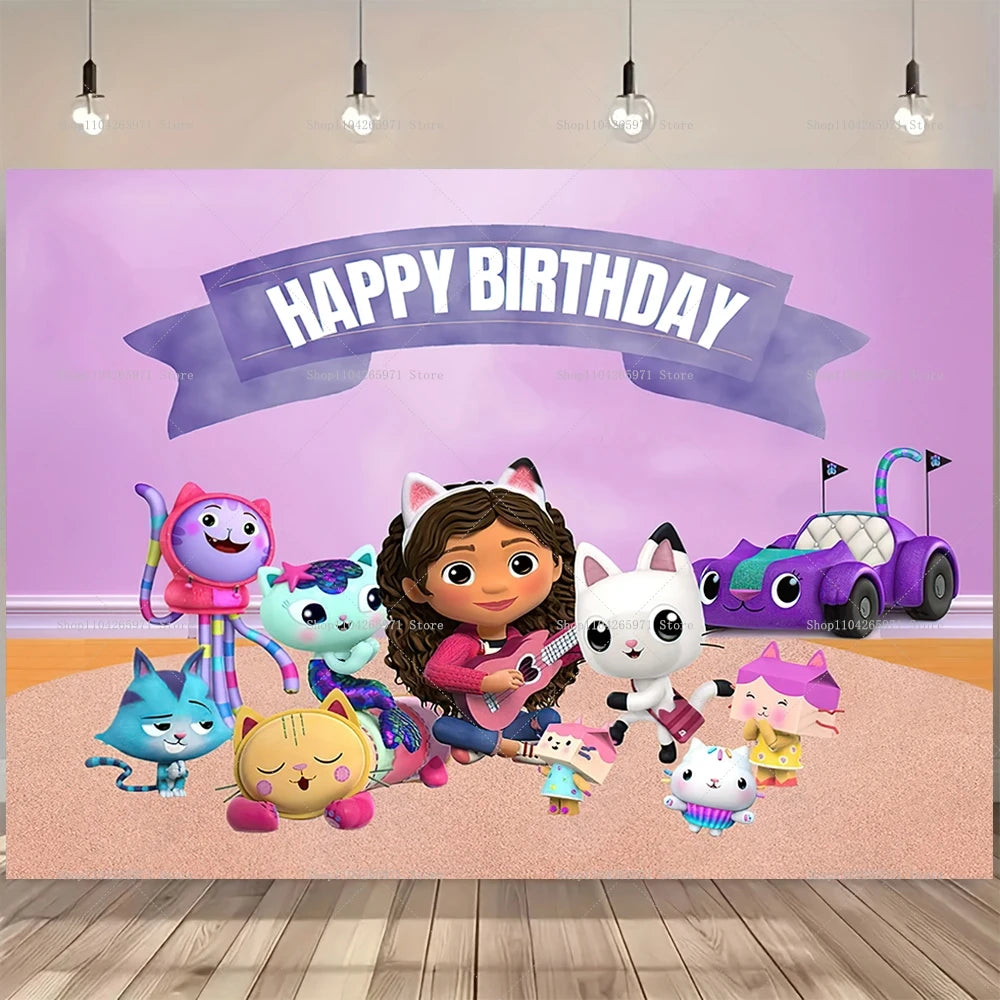 Cartoon Gabby Dollhouse Children Birthday Party Supplies Decoration Background Girl Baby Shower Pink Toy Photo Shoot Banner Prop