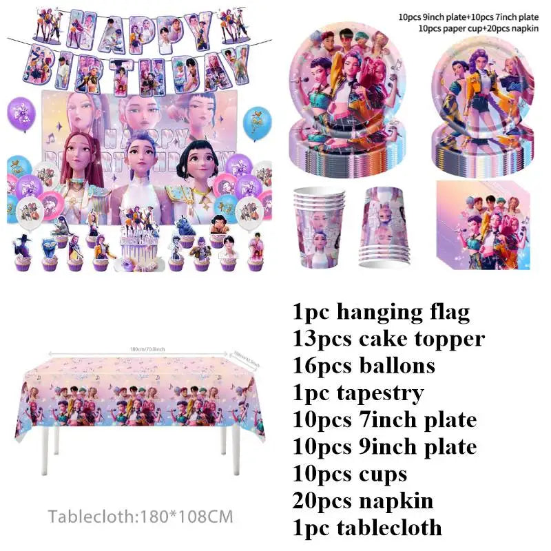 Demon Hunters Birthday Balloons Huntrix Birthday Kpop Warriors Balloons Birthday Backdrop Cloth Kpop Birthday Decor Accessiories