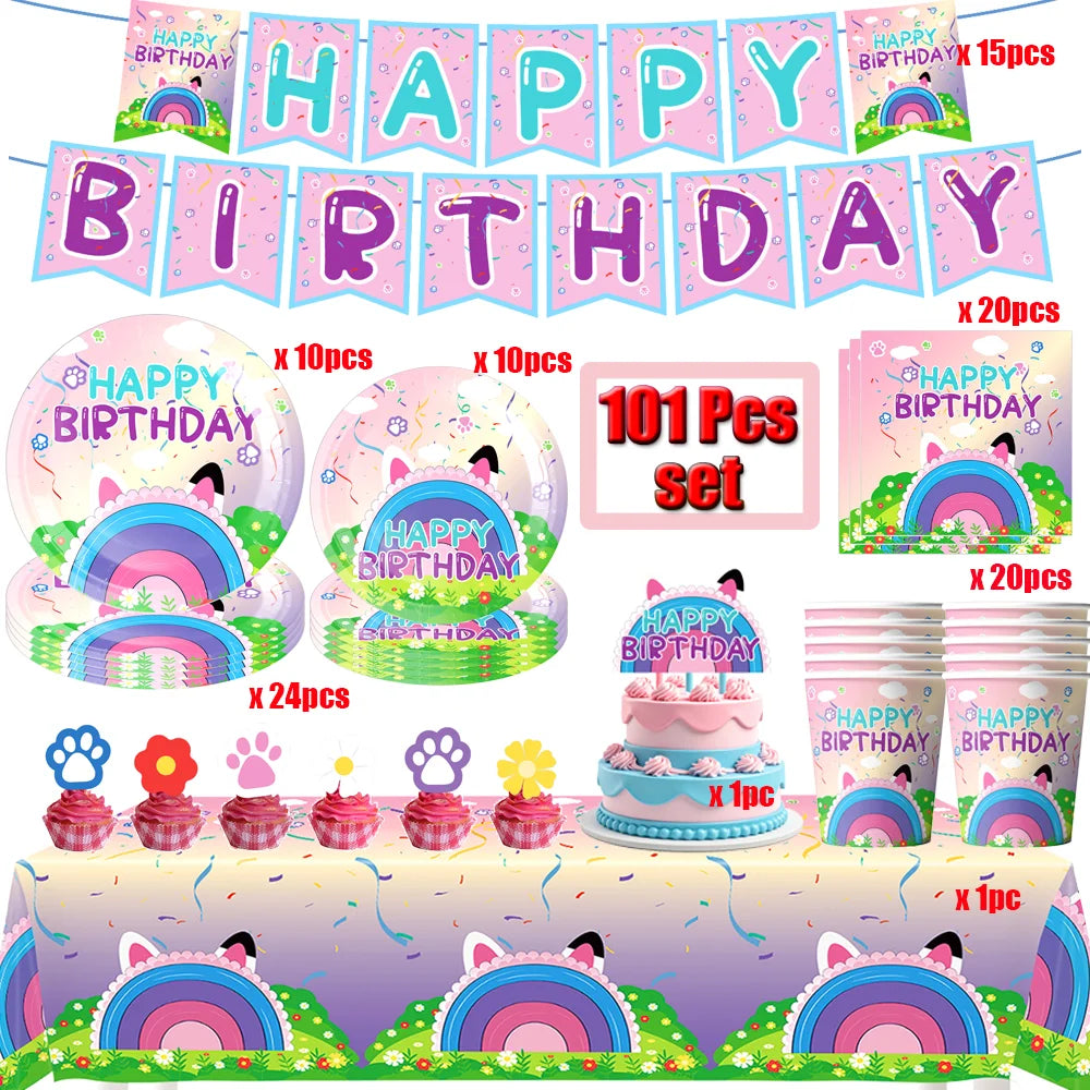 Cartoon Gabbys Birthday Party Decor Dollhouse Disposable Tableware Set Paper Cups Plates Tablecloth Baby Shower Kids Supplies
