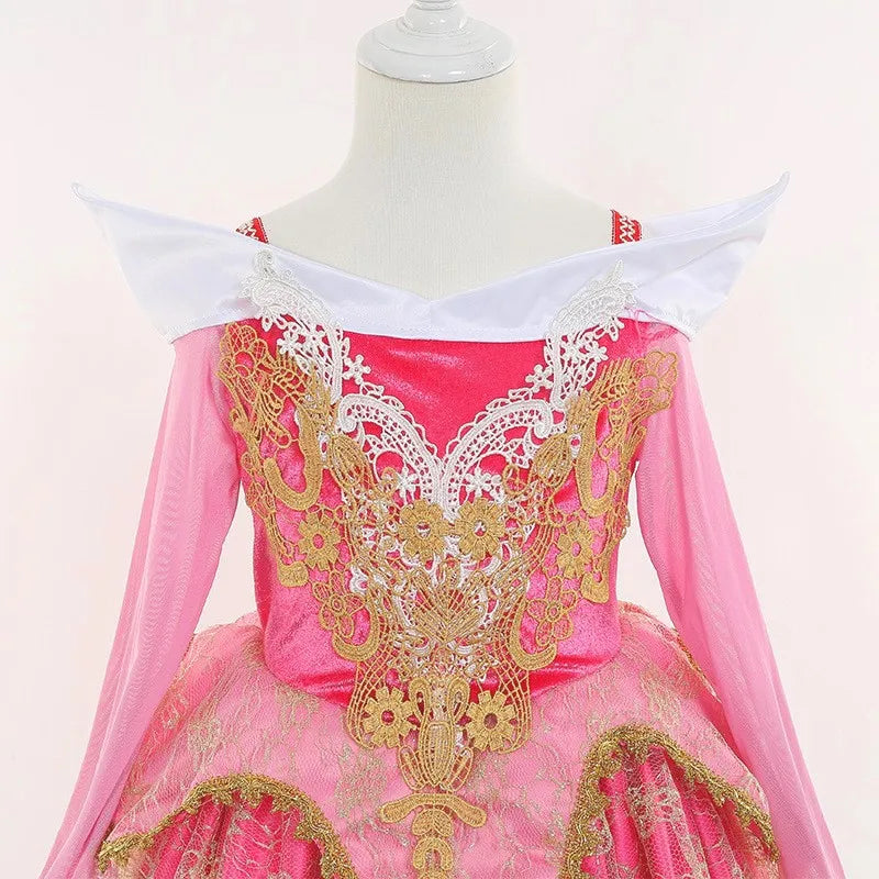 2025 Sleeping Beauty Aurora Princess Dress Cosplay Off Shoulder Kids Gifts Fancy Halloween Party Girl Baby Fine Lace Dress Set