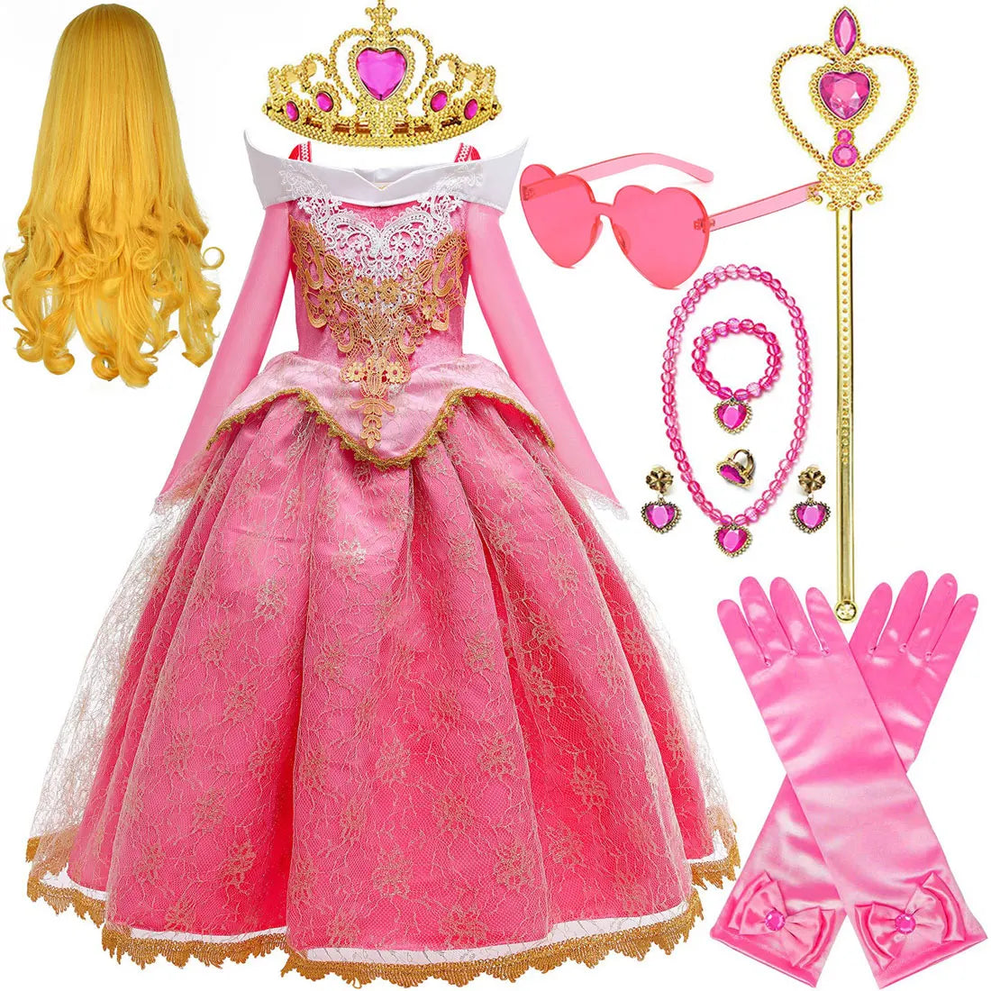 2025 Sleeping Beauty Aurora Princess Dress Cosplay Off Shoulder Kids Gifts Fancy Halloween Party Girl Baby Fine Lace Dress Set