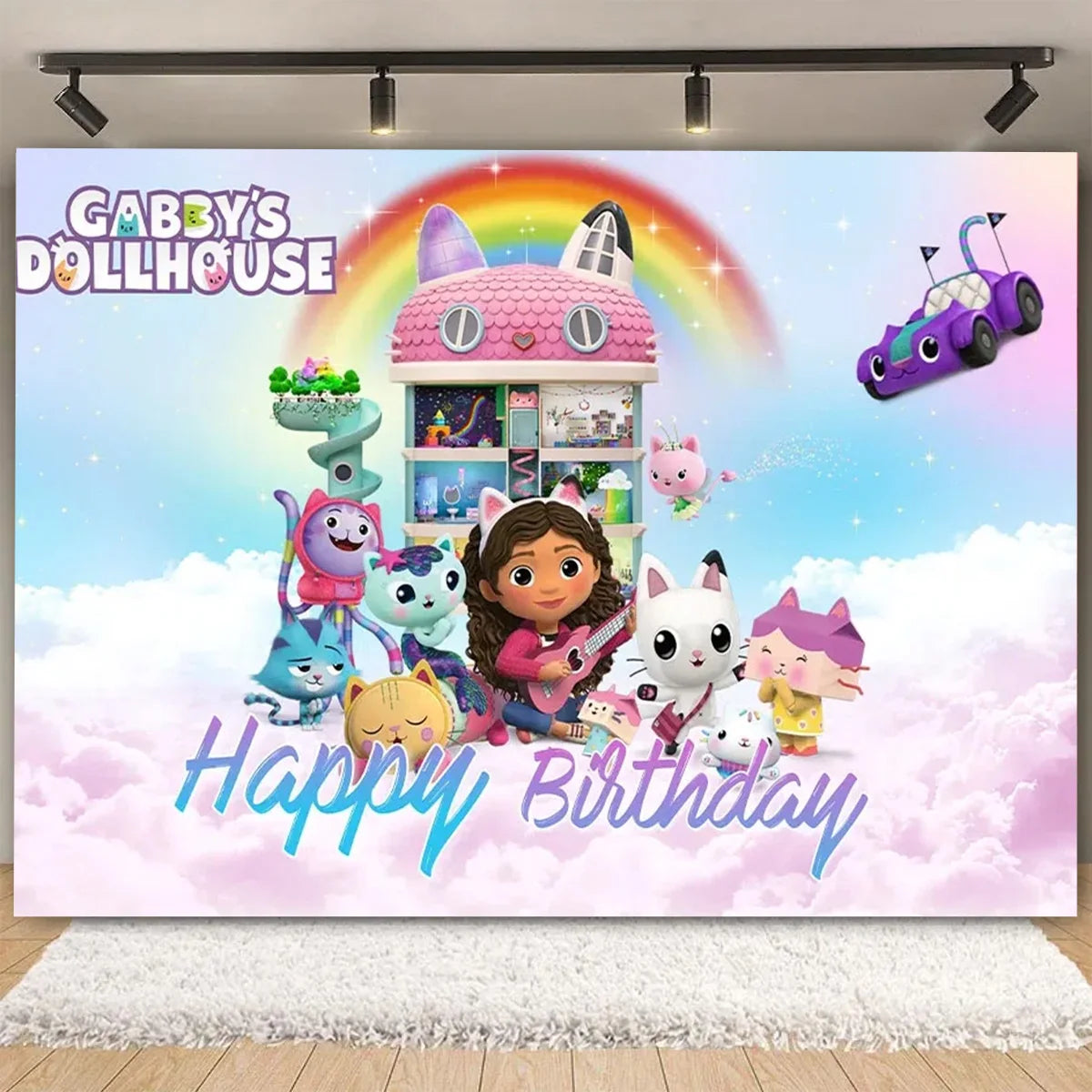 Cartoon-Gabby Dollhouse Children's Birthday Party Supplies Decoration Background Girl Baby Shower Pink Cat Toy Photo Banner Prop