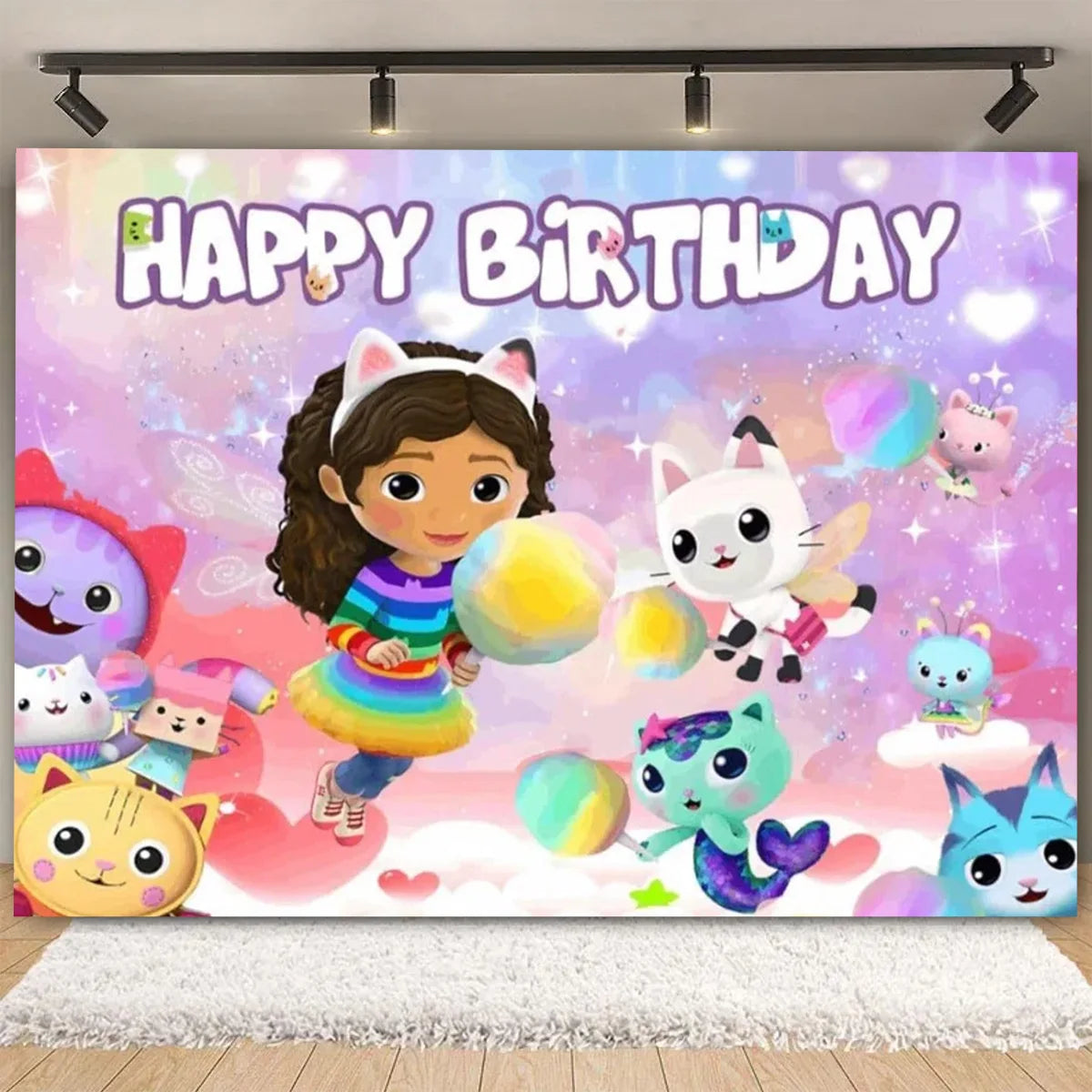 Cartoon-Gabby Dollhouse Children's Birthday Party Supplies Decoration Background Girl Baby Shower Pink Cat Toy Photo Banner Prop