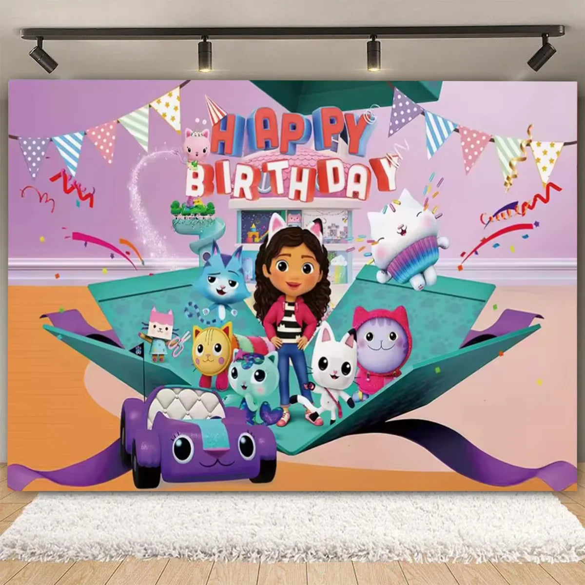 Cartoon-Gabby Dollhouse Children's Birthday Party Supplies Decoration Background Girl Baby Shower Pink Cat Toy Photo Banner Prop