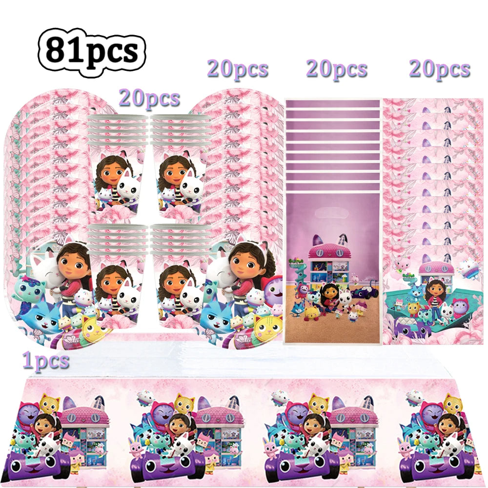 Hot Gabby Doll House Cartoon Girls Birthday Party Decorations Plate Tablecloth Paper Cup Napkin Doll House Tableware Set Gift