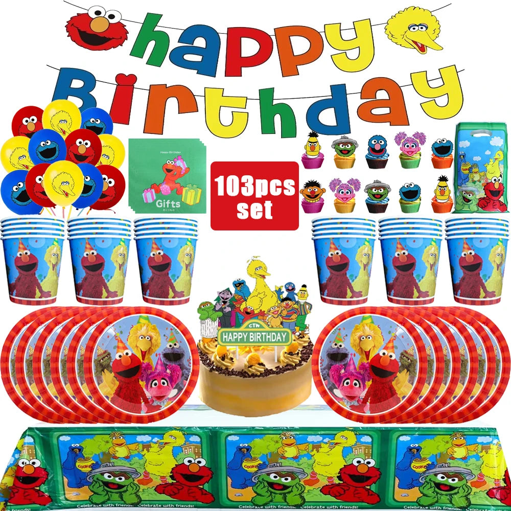 Disney Cartoon SEsame-Streets Birthday Party Set Supplies Kids Disposable Tableware Balloon Cake Topper Banner Plates Decoration