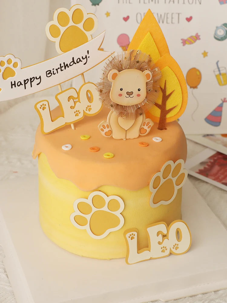 Baby Show Constellation Animal Leo Lion Happy Birthday Cake Topper Yellow Balloon Trees for Cake Decorating Party Supplies Gifts