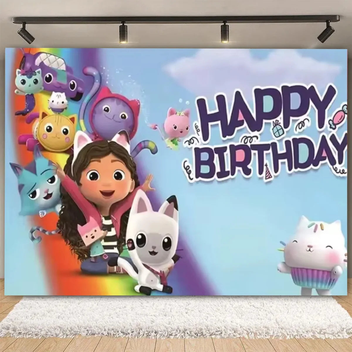 Cartoon-Gabby Dollhouse Children's Birthday Party Supplies Decoration Background Girl Baby Shower Pink Cat Toy Photo Banner Prop