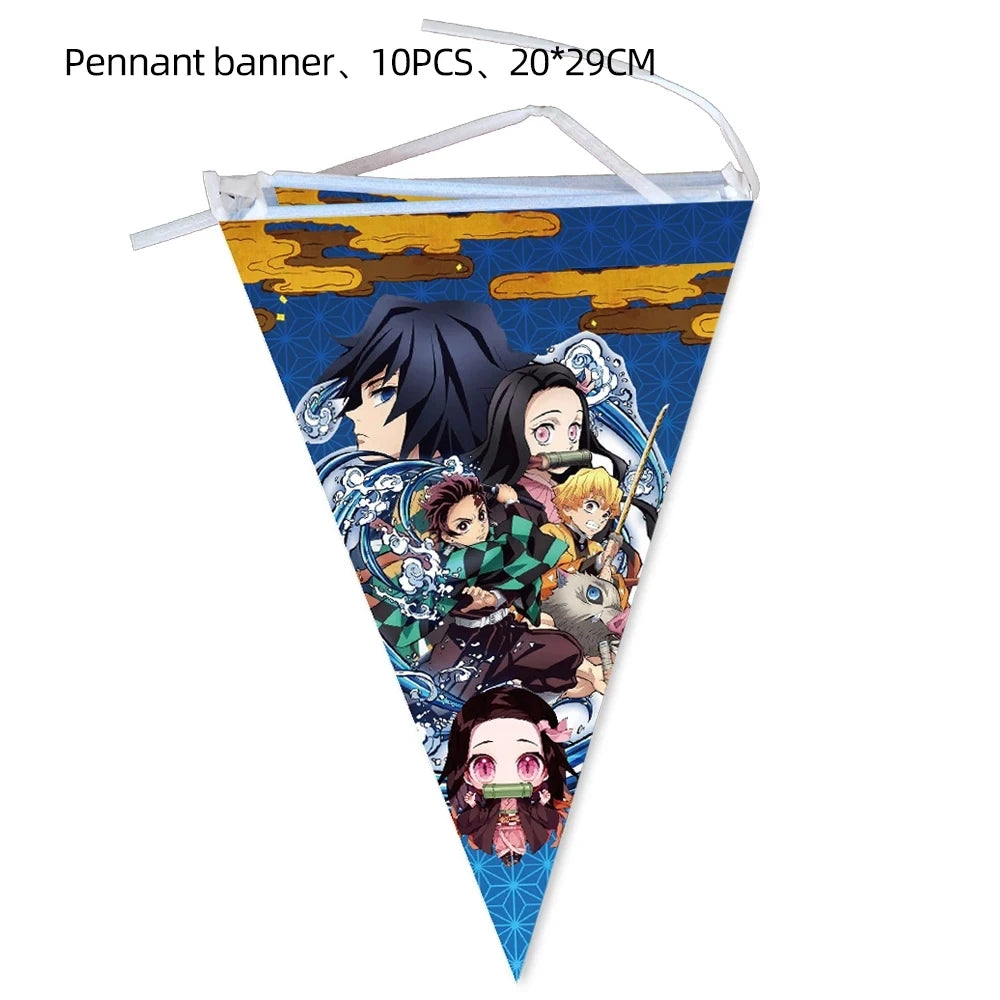 Demoned Slayers Balloons Happy Birthday Banner Kimetsu No Yaiba Party Decoration Cup Disposable Tableware Anime Cake Topper Toy