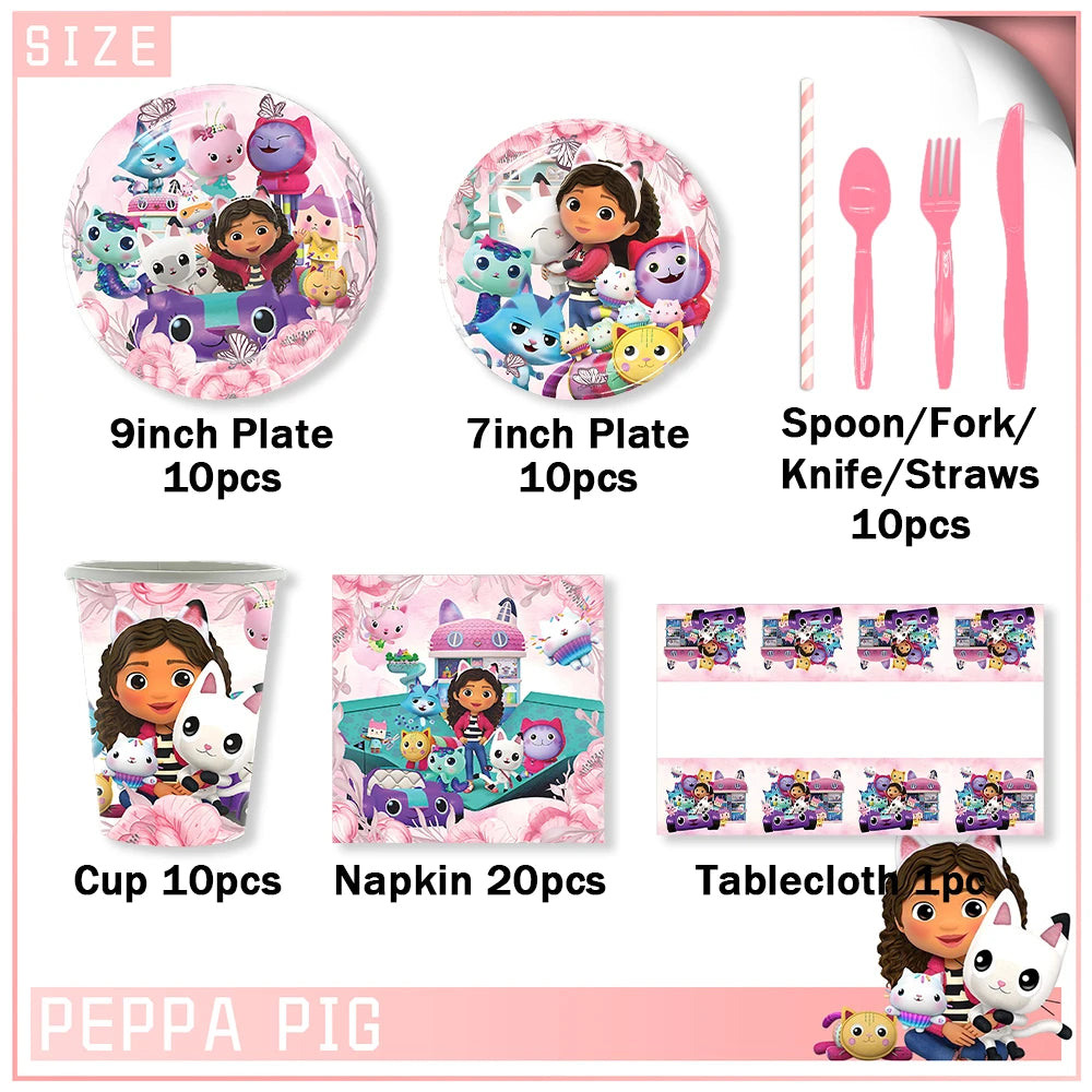 Cartoon G-Gabby Doll House Birthday Party Decorations Disposable Tableware Tablecloth Balloon Background Banner Party Supplies