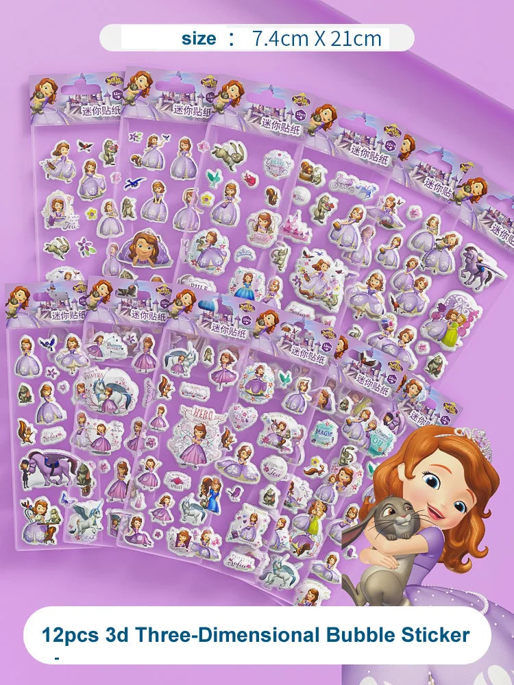12pcs Sticker Different 3D Puffy Bulk Stickers Cartoon Movie Anime Frozen Sofia Mickey Minnie Princess Kids Girl Toy Gift