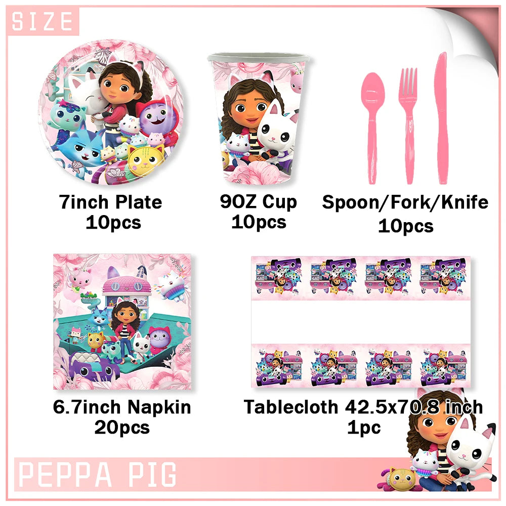 Cartoon G-Gabby Doll House Birthday Party Decorations Disposable Tableware Tablecloth Balloon Background Banner Party Supplies